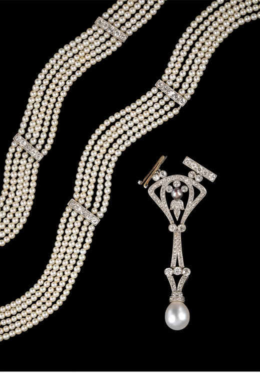 独角鹿西洋古董 20世纪初欧洲出品18K黄金镶嵌钻石海水珍珠项链 商品图3