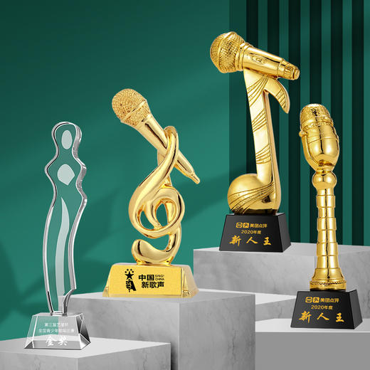 音符音乐水晶奖杯定制金话筒麦克风唱歌钢琴比赛主持人演讲好声音 商品图0