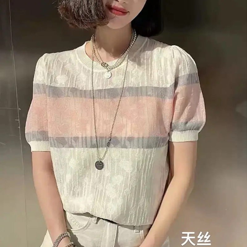 气质针织女衫时尚提花夹色条纹套头圆领短袖上衣   YX-111560