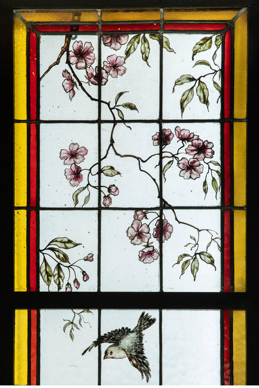 独角鹿西洋古董 19世纪末20世纪初法国新艺术时期出品雀鸟繁花主题彩绘玻璃花窗一组四件 商品图3