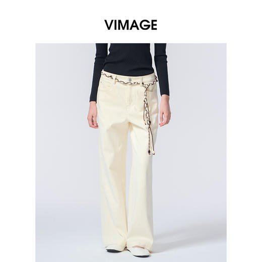 VIMAGE纬漫纪百搭宽松休闲舒适棉简约香槟白2025秋季新款牛仔裤V2405113 商品图3