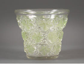 独角鹿西洋古董 1938年法国水晶工坊莱俪LALIQUE设计出品「Reims 葡萄藤叶」主题浅绿色水晶冰桶