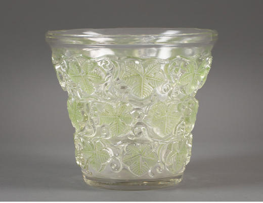 独角鹿西洋古董 1938年法国水晶工坊莱俪LALIQUE设计出品「Reims 葡萄藤叶」主题浅绿色水晶冰桶 商品图0