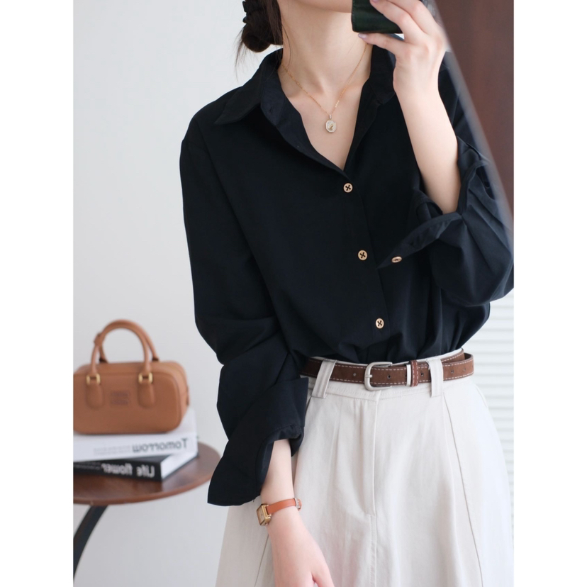 （小眠专属）【下单5天内发货】黑与金贵妇优雅衬衫 | 金色镂空兰花扣点缀，莫代尔棉面料，筋骨感十足