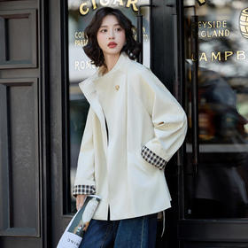 HR MEIQIN5698韩系休闲风衣外套宽松翻领格纹拼接上衣