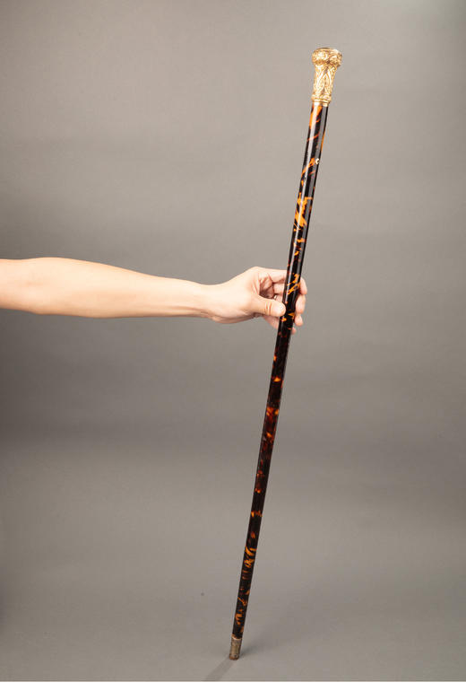 独角鹿西洋古董 1880-1910年代英国维多利亚时代出品14K黄金精雕卷叶纹镶嵌珍稀材质杖柄绅士手杖 商品图1