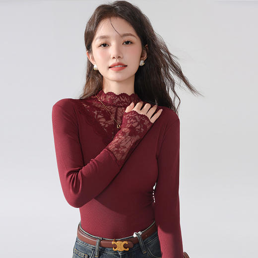 丁摩 蕾丝上衣女长袖秋冬新款大码女装半高领网纱内搭打底衫洋气衫5ZF-2517 商品图0