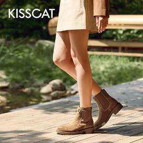 【云粉节】BF楼KISSCAT接吻猫[柏林胶片]复古短靴25冬新粗跟真皮游牧风切尔西靴KA65725-51吊牌价1599活动价899