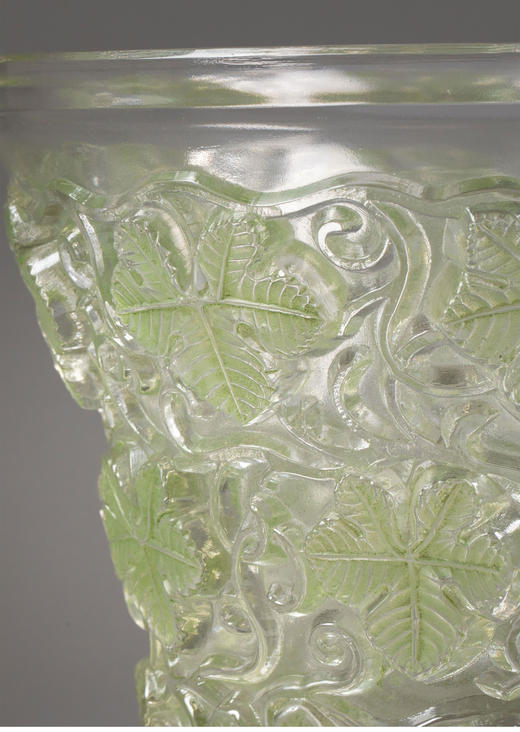 独角鹿西洋古董 1938年法国水晶工坊莱俪LALIQUE设计出品「Reims 葡萄藤叶」主题浅绿色水晶冰桶 商品图1