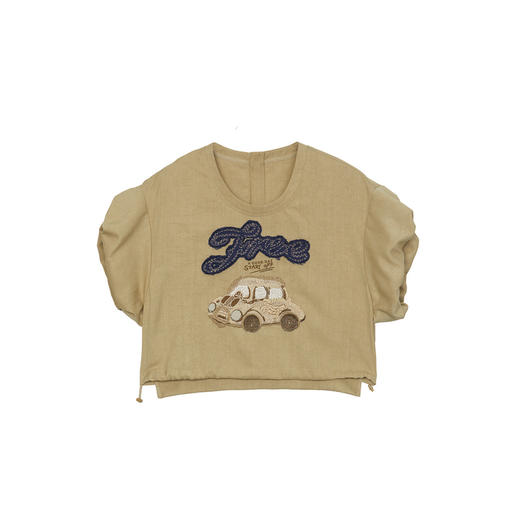 谜底短款上衣女2024夏季新品复古绣花圆领泡泡袖T恤短袖242MS0595 商品图4