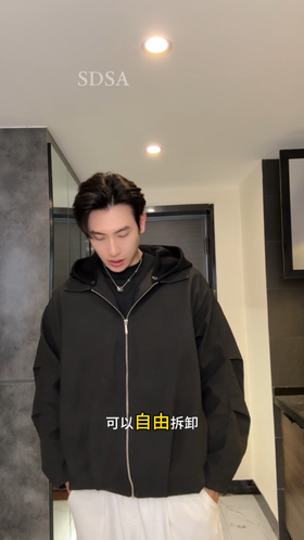 258210SDSA秋冬新款痞帅男装扎染褶皱拼接翻领连帽假两件夹克外套百搭