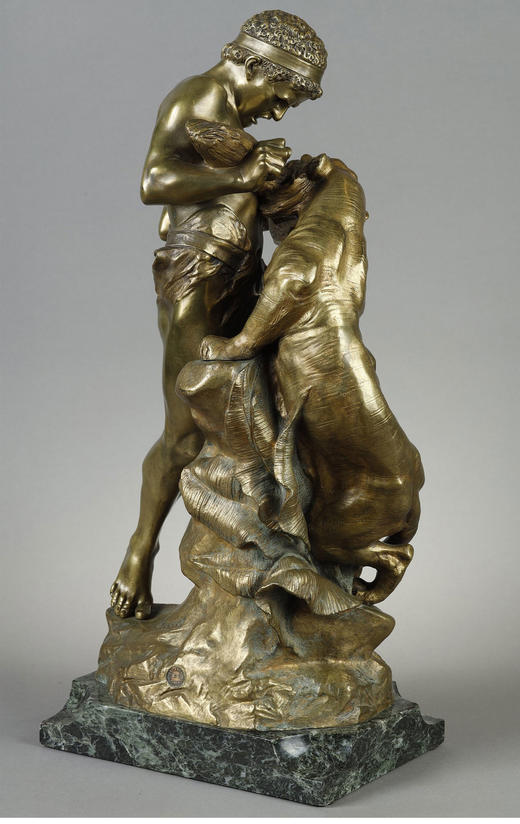 独角鹿西洋古董 19世纪法国雕塑家出品「为生命而战斗」主题铜镀金雕塑 商品图2