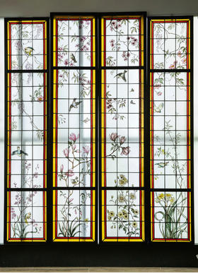 独角鹿西洋古董 19世纪末20世纪初法国新艺术时期出品雀鸟繁花主题彩绘玻璃花窗一组四件