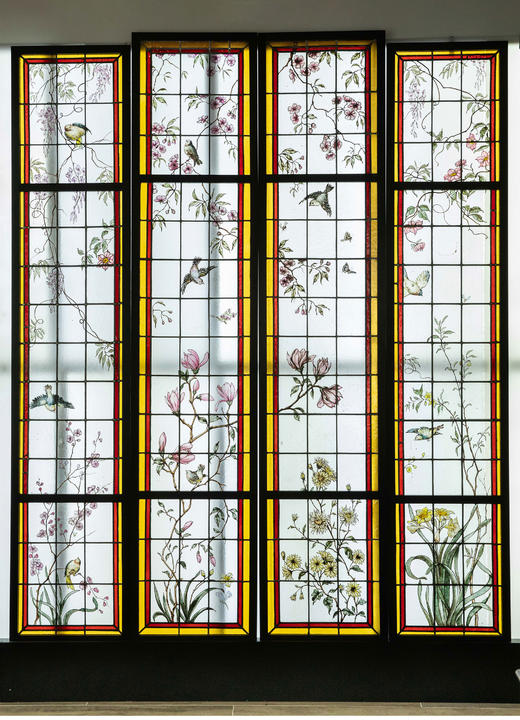 独角鹿西洋古董 19世纪末20世纪初法国新艺术时期出品雀鸟繁花主题彩绘玻璃花窗一组四件 商品图0