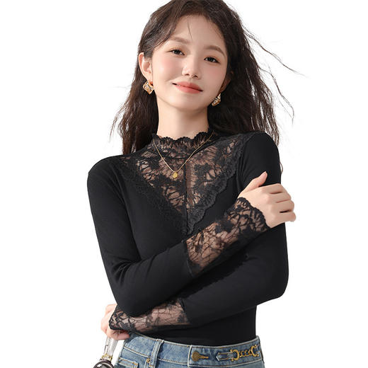 丁摩 蕾丝上衣女长袖秋冬新款大码女装半高领网纱内搭打底衫洋气衫5ZF-2517 商品图4