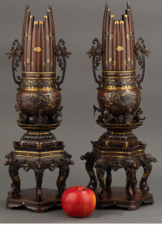 独角鹿西洋古董 1890年代日本高冈铜器名大橋三右衛門出品「古笙」造型金银象嵌赤铜香炉 商品图1