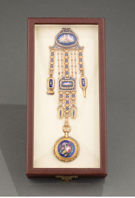 独角鹿西洋古董 18世纪晚期法国Ageron钟表工坊出品小天使花卉主题珐琅彩绘装饰黄金镶嵌珍珠腰链怀表