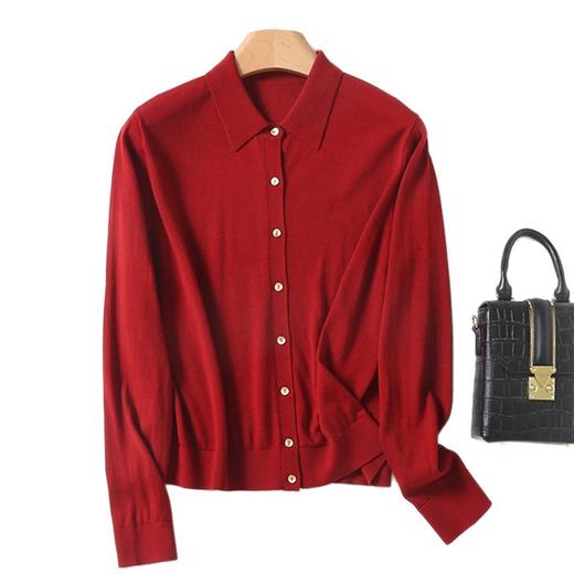 丁摩 100%绵羊毛衫女衬衫领女士精纺羊毛开衫16G春秋针织衫女5ZF-779 商品图4