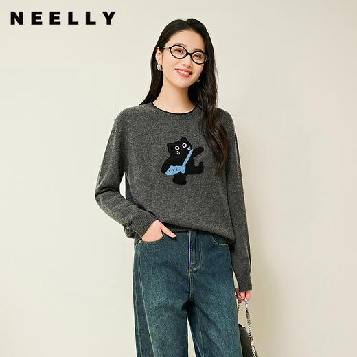 NEELLY纳俪商场同款冬季新款百搭减龄针织衫女设计感小猫印花上衣N25104A04512 商品图0