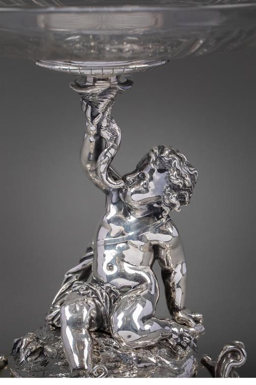 独角鹿西洋古董 1860年代法国顶级银器工坊昆庭签名出品小海神特里同造型铜镀银嵌水晶果盘 商品图3