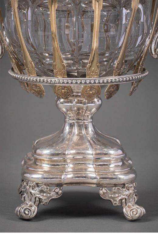 独角鹿西洋古董 1850年代法国出品涡卷藤蔓纹饰纯银精雕水晶内胆冰激凌樽 商品图5