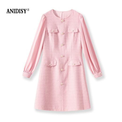 小香风优雅圆领长袖单排扣后拉链收腰连衣裙 商品图4