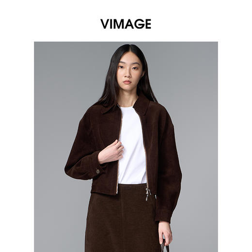 VIMAGE纬漫纪灯芯绒咖色休闲拉链复古翻领夹克外套女2025秋季新款V2410101 商品图2