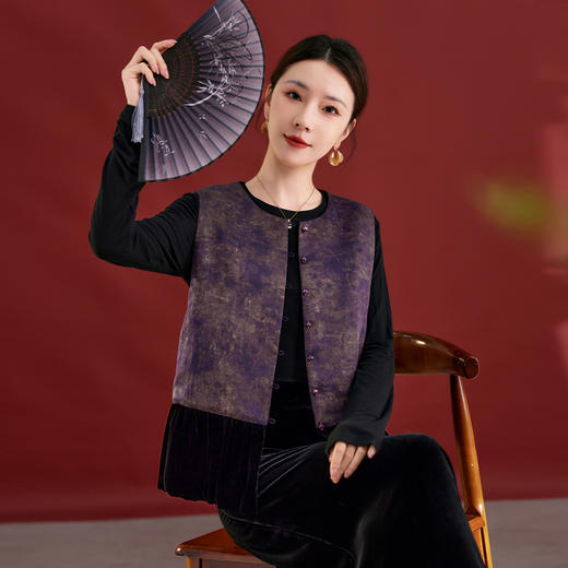 SM 1739桑蚕丝盘扣提花拼接国风扎染烫金渐变马甲显瘦无袖气质 商品图3