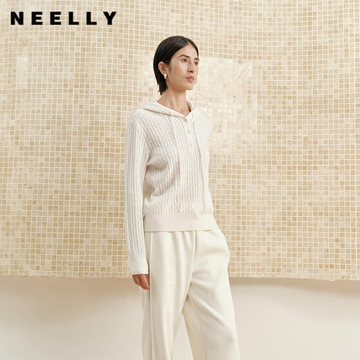 NEELLY纳俪商场同款冬新款宽松连帽绞花套头针织衫女舒适休闲上衣N25102A01030 商品图0