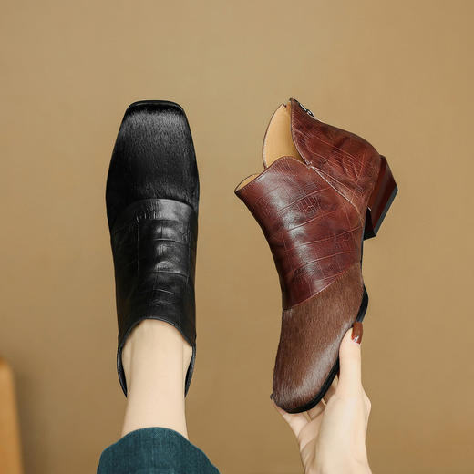 【预售5天】复古时尚马毛拼接短筒西部马丁靴，真皮方头通勤粗跟短靴NJMK&K1777 商品图2