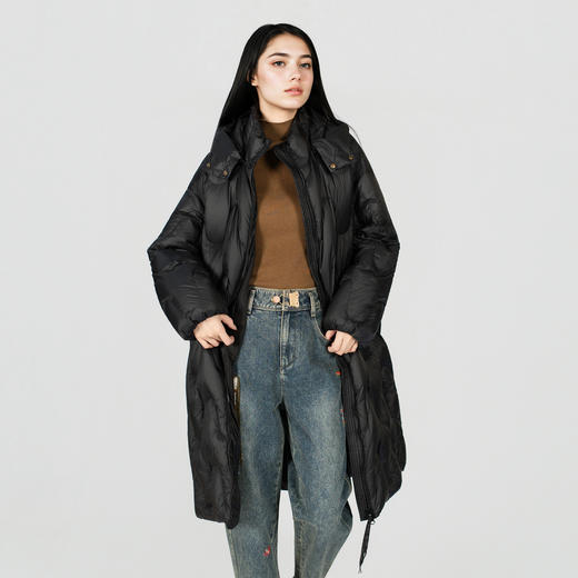 谜底中长款羽绒服女2025冬季新款简约百搭加厚鸭绒连帽257MY7865 商品图0