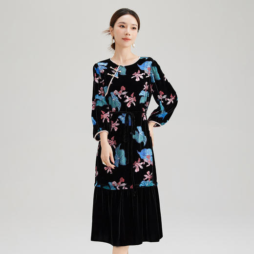 SM 1371桑蚕丝印花拼接连衣裙休闲新中式真丝裙 商品图3