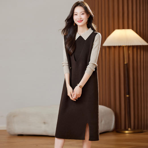 XFY-3130娃娃领针织连衣裙2025秋冬新款小个子高级感配大衣毛衣裙两件套装 商品图0