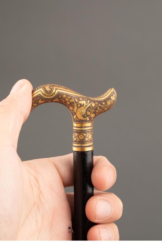 独角鹿西洋古董 1880-1910年代西班牙出品卷叶花卉纹饰托莱多钢镶嵌黄金杖柄硬木古董手杖 商品图3