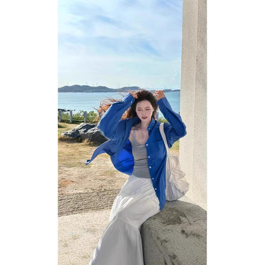 新品上市高级感蓝色POLO领衬衫外套女宽松休闲开衫衬衣 商品图3