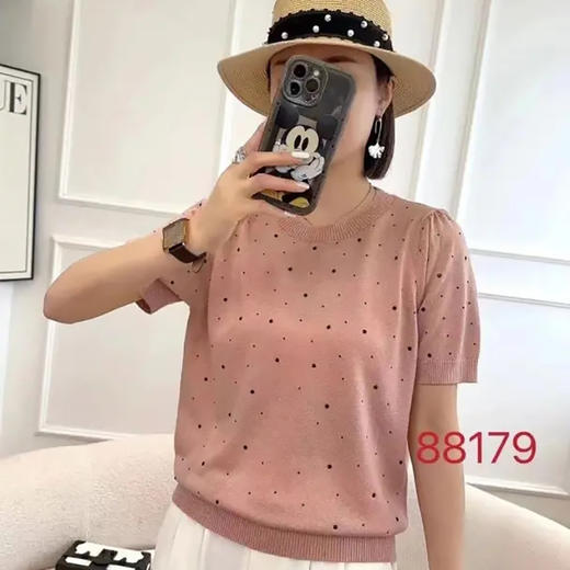 天丝羊毛柔软品质圆领烫钻针织休闲薄款上衣   YX-111710 商品图1