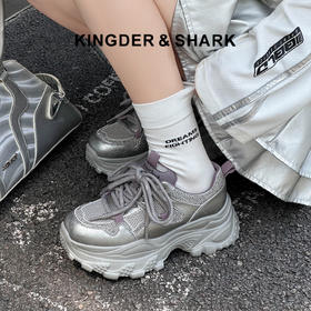 经典鲨2025秋专柜新款牛皮革潮酷网面透气显高休闲老爹鞋女KW160-537291