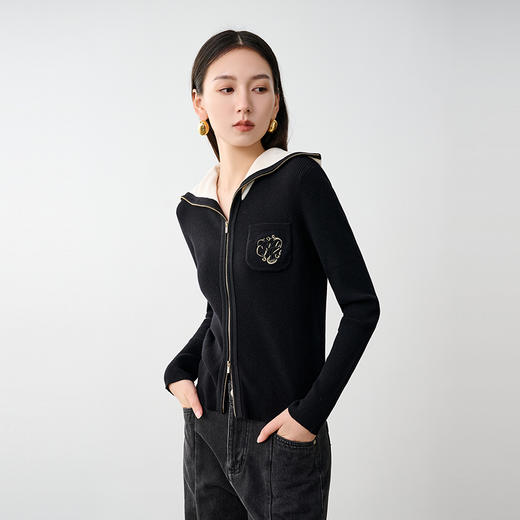 NEELLY纳俪商场同款冬季新款学院风翻领羊毛针织开衫女显瘦毛衣N25104A04507 商品图3