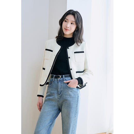 NEELLY纳俪商场同款冬新款小香风羊毛粗花呢外套女撞色显瘦短上衣N25104C04511 商品图1