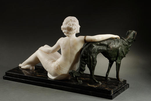 独角鹿西洋古董1920年代意大利雕塑家Alberto Saccardi签名创作装饰艺术风格大理石底座装饰青铜及雪花石膏雕塑作品《少女与猎犬》 商品图2