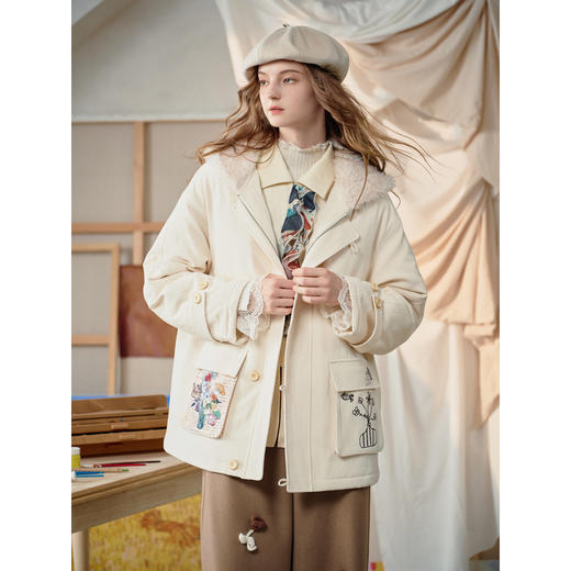 两三事梵高文艺 月光之息 2025冬季新款印花刺绣口袋毛领棉衣外套 商品图1