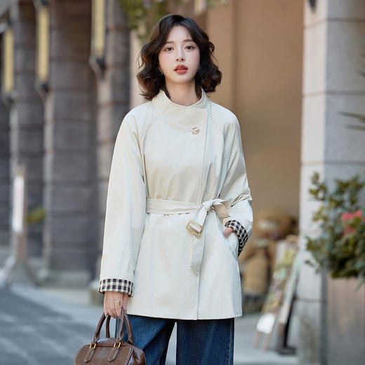 HR MEIQIN5698韩系休闲风衣外套宽松翻领格纹拼接上衣 商品图1