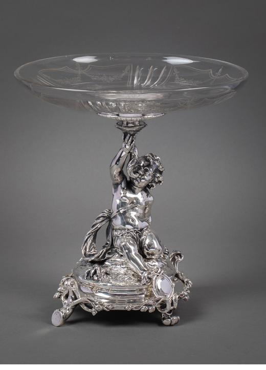 独角鹿西洋古董 1860年代法国顶级银器工坊昆庭签名出品小海神特里同造型铜镀银嵌水晶果盘 商品图0