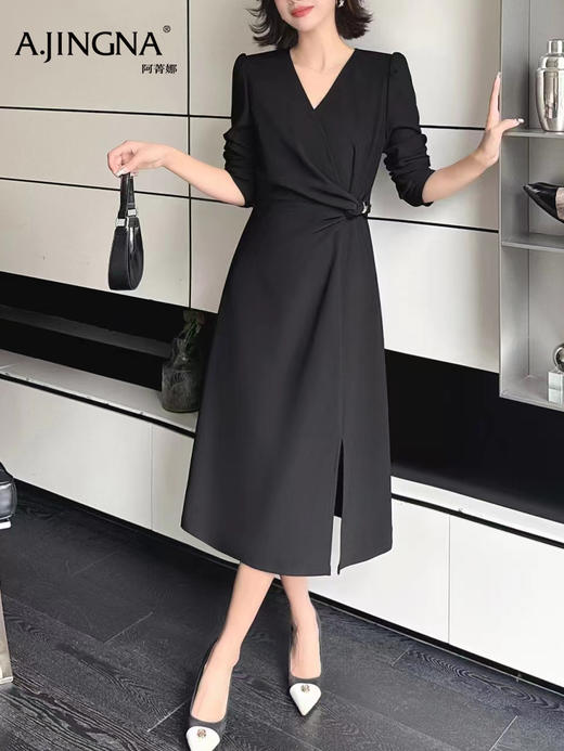 【修身围裹式】阿菁娜秋季新款法式围裹长袖连衣裙 收腰显瘦遮小腹X廓形 通勤约会多场景 F30D212001 商品图2