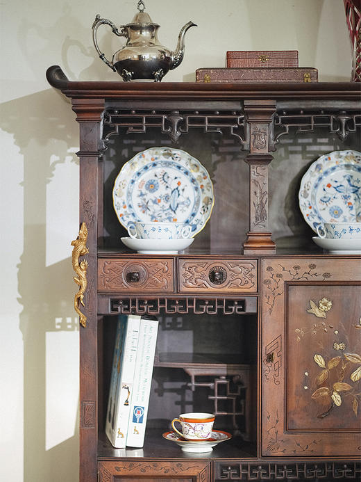 独角鹿西洋古董 1890年代法国出品Viardot东方风格蟠龙造型铜鎏金装饰花鸟镶嵌多宝阁 商品图2