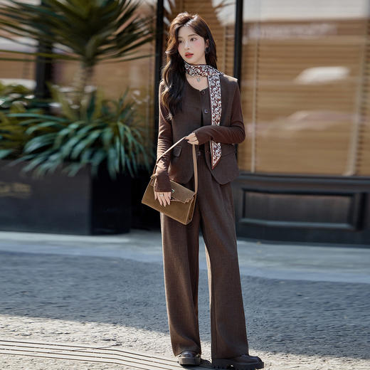 HR MEIQINS860通勤套装气质丝巾西装马甲阔腿裤三件套 商品图0