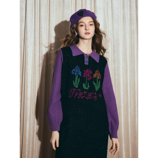 两三事梵高文艺光合物语2025冬新款鸢尾花拼色假两件毛衣裙连衣裙 商品图3