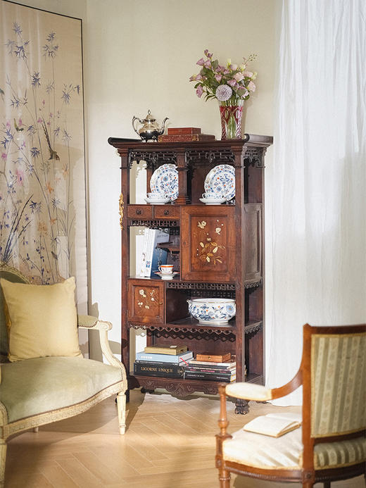 独角鹿西洋古董 1890年代法国出品Viardot东方风格蟠龙造型铜鎏金装饰花鸟镶嵌多宝阁 商品图0