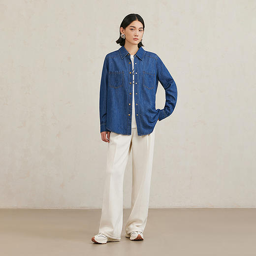NEELLY纳俪商场同款冬季新款复古廓形衬衣女百搭显瘦牛仔衬衫上衣N25104B04514 商品图2