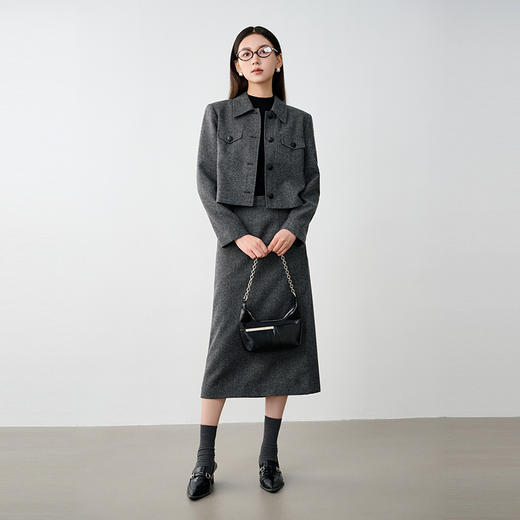 NEELLY纳俪商场同款冬季新款通勤百搭绵羊毛半身裙女半开叉长裙N25104E04504 商品图2